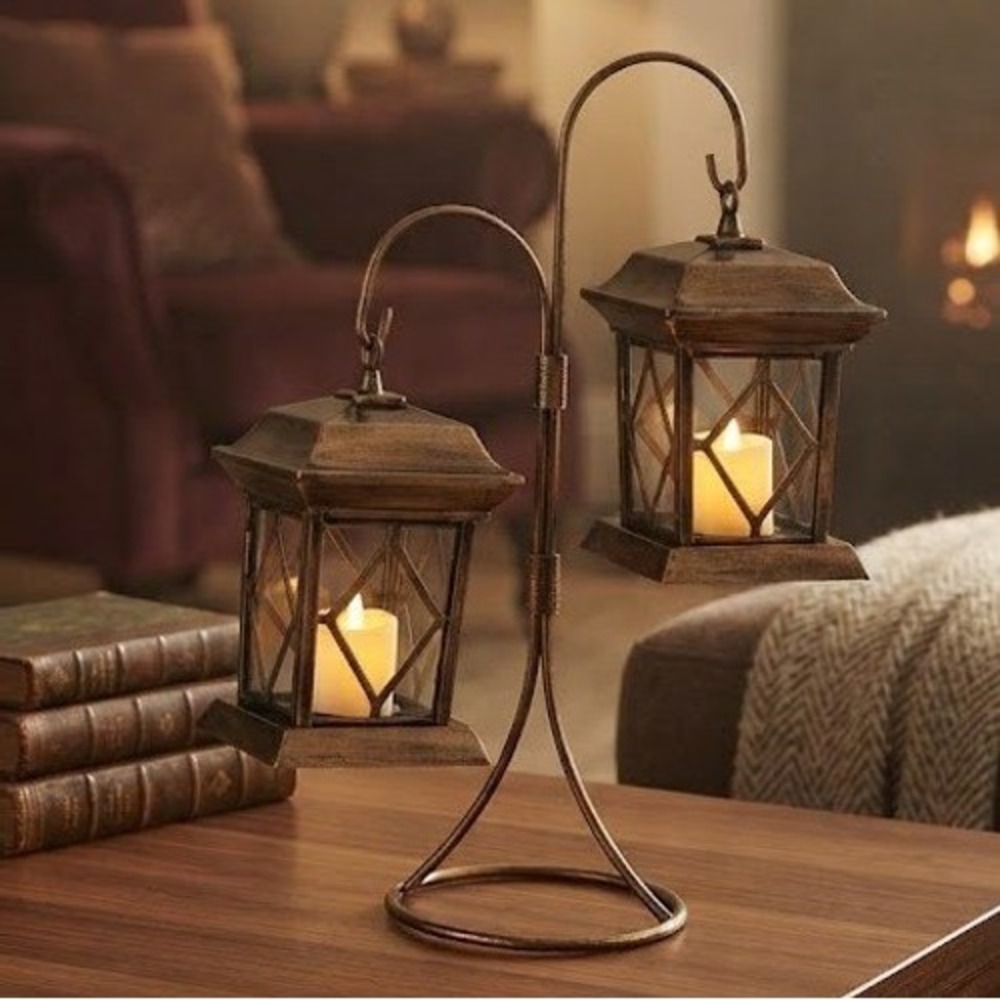 Faux Candles + Copper Stand Flickering Lanterns Battery Operated Set Home Safe